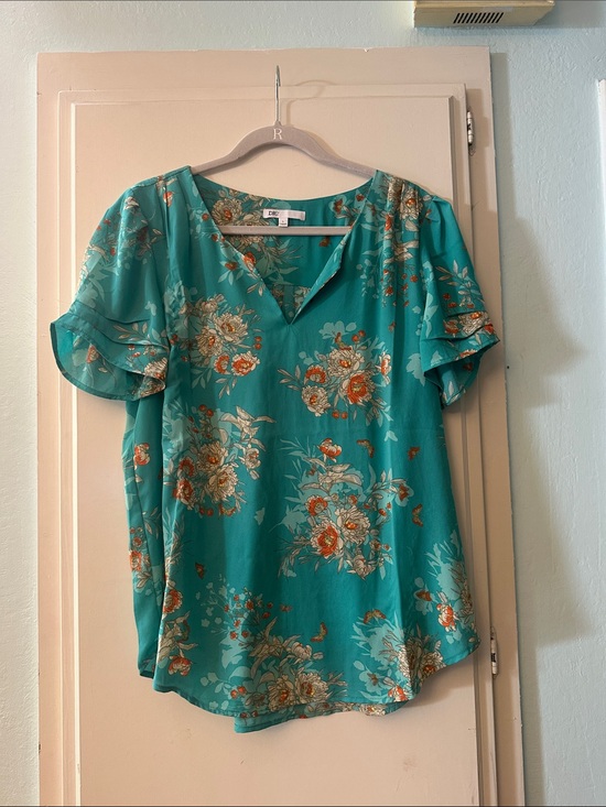 DR2 Tops - DR2 Teal Floral V-Neck Flutter Sleeve Blouse